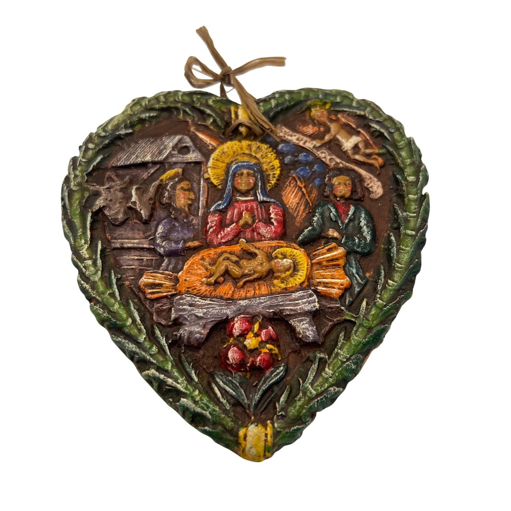 Folk Art Nativity Ornament Wall‎ Plaque Clay Hand Painted Relief Vintage Heart